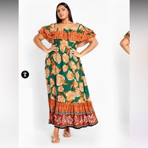 City Chich Green and Orange Floral Off-Shoulder Maxi Dress